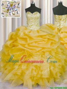 Glorious Pick Ups Floor Length Ball Gowns Sleeveless Gold Vestidos de Quinceanera Lace Up