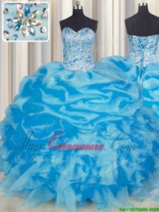 Clearance Blue Sweetheart Neckline Beading and Ruffles and Pick Ups Sweet 16 Quinceanera Dress Sleeveless Lace Up