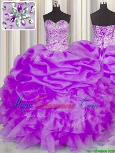 Traditional Purple Organza Lace Up Sweet 16 Dresses Sleeveless Floor Length Beading and Ruffles and Pick Ups