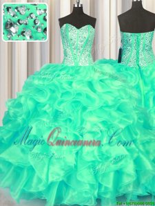 High Class Turquoise Organza Lace Up 15 Quinceanera Dress Sleeveless Floor Length Beading and Ruffles