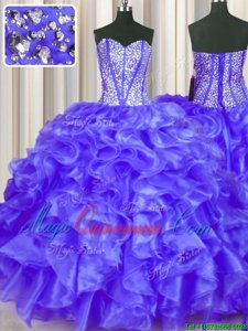 Amazing Purple Organza Lace Up Sweet 16 Dress Sleeveless Floor Length Beading and Ruffles