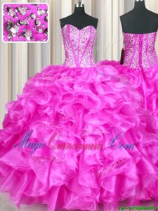 High Class Fuchsia Sleeveless Floor Length Beading and Ruffles Lace Up Quinceanera Dresses