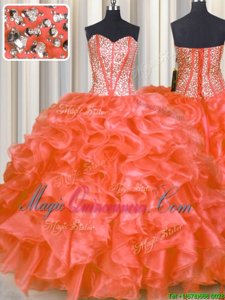 High Quality Sleeveless Organza Floor Length Lace Up 15th Birthday Dress in Red for with Beading and Ruffles