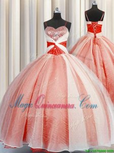 Spectacular Orange Red Ball Gowns Beading and Sequins and Ruching Quinceanera Gown Lace Up Organza Sleeveless Floor Length