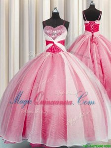 Spaghetti Straps Sleeveless Organza Sweet 16 Quinceanera Dress Beading and Sequins and Ruching Lace Up