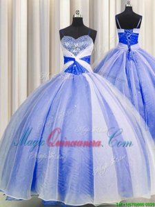 Spaghetti Straps Floor Length Lace Up Quinceanera Gowns Blue And White and In for Military Ball and Sweet 16 and Quinceanera with Beading and Sequins and Ruching