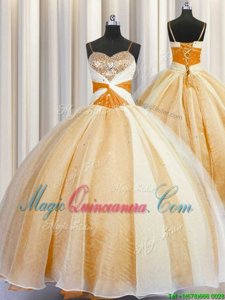 Pretty Spaghetti Straps Sleeveless Organza Floor Length Lace Up Quinceanera Gown in Orange for with Beading and Ruching