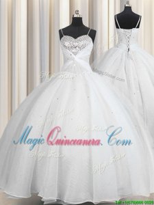 Dynamic Spaghetti Straps Sleeveless Floor Length Beading and Ruching Lace Up Quinceanera Dress with White