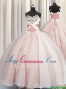 Wonderful Spaghetti Straps Pink Ball Gowns Beading Sweet 16 Dresses Lace Up Organza Sleeveless Floor Length