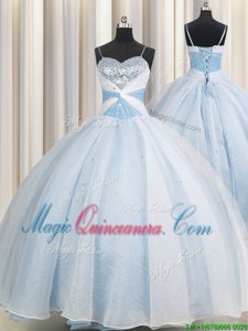 Light Blue Organza Lace Up Spaghetti Straps Sleeveless Floor Length Sweet 16 Quinceanera Dress Beading and Ruching