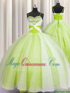 Spaghetti Straps Yellow Green Sleeveless Beading and Ruching Floor Length 15 Quinceanera Dress