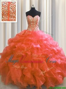 Dramatic Visible Boning Sweetheart Sleeveless Sweet 16 Dresses Floor Length Beading and Ruffles Red Organza