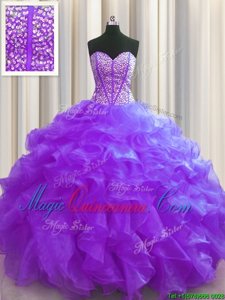 Beauteous Visible Boning Sweetheart Sleeveless Lace Up Quince Ball Gowns Purple Organza