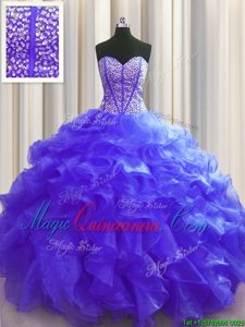 Visible Boning Purple 15th Birthday Dress Military Ball and Sweet 16 and Quinceanera and For with Beading and Ruffles Sweetheart Sleeveless Lace Up