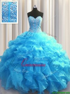 Luxurious Visible Boning Baby Blue Organza Lace Up Sweet 16 Dresses Sleeveless Floor Length Beading and Ruffles