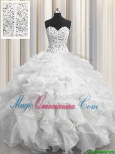 Traditional Visible Boning Organza Sweetheart Sleeveless Lace Up Beading and Ruffles Sweet 16 Dress in White