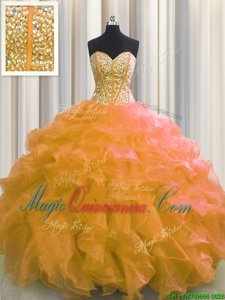 Modest Visible Boning Orange Quinceanera Gown Military Ball and Sweet 16 and Quinceanera and For with Beading and Ruffles Sweetheart Sleeveless Lace Up