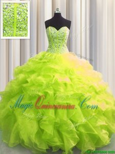 Dramatic Visible Boning Yellow Green Sleeveless Floor Length Beading and Ruffles Lace Up Vestidos de Quinceanera