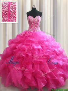 Visible Boning Organza Sweetheart Sleeveless Lace Up Beading and Ruffles 15th Birthday Dress in Hot Pink