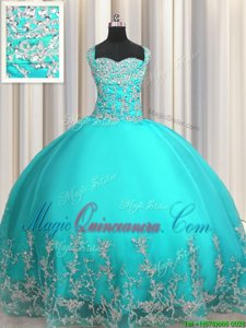 Sleeveless Floor Length Beading and Appliques Lace Up Quinceanera Gown with Aqua Blue