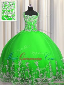 Sleeveless Tulle Floor Length Lace Up Sweet 16 Dresses in Green for with Beading and Appliques