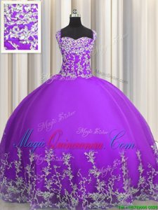 Eye-catching Eggplant Purple Tulle Lace Up Straps Sleeveless Floor Length Quinceanera Gown Beading and Appliques