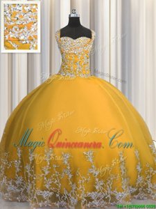 Gold Ball Gowns Tulle Straps Sleeveless Beading and Appliques Floor Length Lace Up Ball Gown Prom Dress