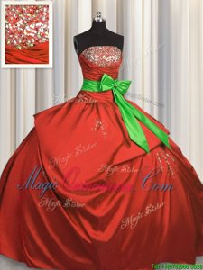 Ideal Bowknot Floor Length Coral Red Sweet 16 Dresses Strapless Sleeveless Lace Up