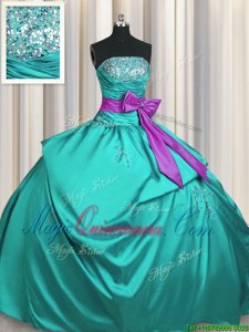 Low Price Sleeveless Taffeta Floor Length Lace Up Quince Ball Gowns in Turquoise for with Beading and Ruching and Bowknot