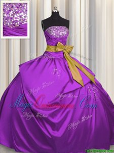 Beauteous Fuchsia Satin Lace Up Strapless Sleeveless Floor Length Quince Ball Gowns Beading and Bowknot