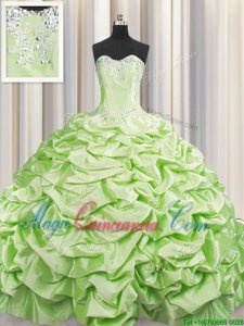 Pretty Brush Train Yellow Green Sweetheart Neckline Beading and Pick Ups Quinceanera Dress Sleeveless Lace Up