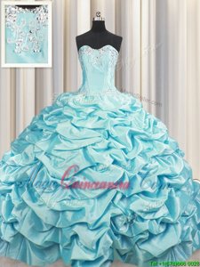 Brush Train Taffeta Sweetheart Sleeveless Sweep Train Lace Up Beading and Pick Ups Quinceanera Dresses in Aqua Blue