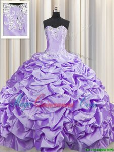 Glamorous Brush Train Sweetheart Sleeveless Sweet 16 Dress With Train Sweep Train Beading and Pick Ups Lavender Taffeta
