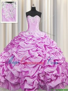 Lilac Taffeta Lace Up Sweetheart Sleeveless Ball Gown Prom Dress Brush Train Beading and Pick Ups