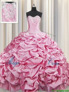 Designer Beading and Pick Ups Sweet 16 Dress Rose Pink Lace Up Sleeveless Brush Train