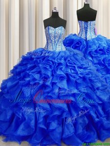 Customized Visible Boning Royal Blue Organza Lace Up Sweetheart Sleeveless Ball Gown Prom Dress Brush Train Beading and Ruffles