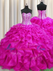 Hot Selling Visible Boning Sweetheart Sleeveless Quince Ball Gowns Brush Train Beading and Ruffles Fuchsia Organza