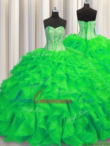 Spectacular Visible Boning Lace Up Quinceanera Dress Green and In for Military Ball and Sweet 16 and Quinceanera with Beading and Ruffles Brush Train