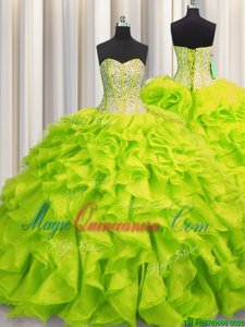 Visible Boning Yellow Green Lace Up Sweetheart Beading and Ruffles 15th Birthday Dress Organza Sleeveless