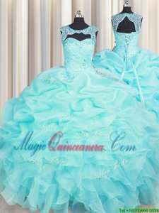 Fantastic Scoop Aqua Blue Ball Gowns Beading and Pick Ups Sweet 16 Dress Lace Up Organza Sleeveless Floor Length