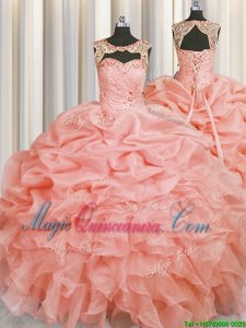 Top Selling Scoop Sleeveless Organza Floor Length Lace Up Quinceanera Gown in Baby Pink for with Beading and Pick Ups