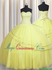 Visible Boning Really Puffy Light Yellow Tulle Lace Up 15 Quinceanera Dress Sleeveless Floor Length Beading