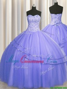 Visible Boning Puffy Skirt Purple Sleeveless Tulle Lace Up Quinceanera Gowns for Military Ball and Sweet 16 and Quinceanera