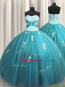 Halter Top Aqua Blue Lace Up 15 Quinceanera Dress Beading and Appliques Sleeveless Floor Length