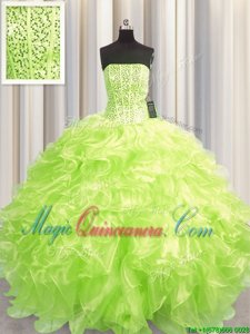 Visible Boning Yellow Green Strapless Lace Up Beading and Ruffles 15 Quinceanera Dress Sleeveless