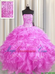 Affordable Visible Boning Floor Length Rose Pink Ball Gown Prom Dress Strapless Sleeveless Lace Up