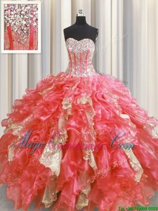 Sequins Visible Boning Watermelon Red Sleeveless Organza and Sequined Lace Up Sweet 16 Dress for Military Ball and Sweet 16 and Quinceanera
