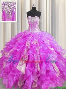 Sequins Visible Boning Sweetheart Sleeveless Lace Up Quinceanera Gowns Lilac Organza and Sequined