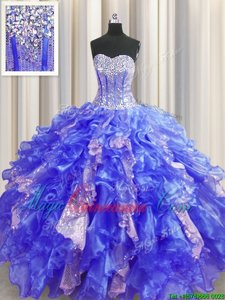 Visible Boning Sleeveless Lace Up Floor Length Beading and Ruffles and Sequins Sweet 16 Dresses