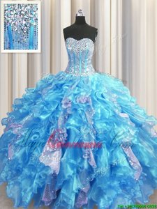 Visible Boning Sleeveless Floor Length Beading and Ruffles and Sequins Lace Up Quinceanera Dresses with Baby Blue